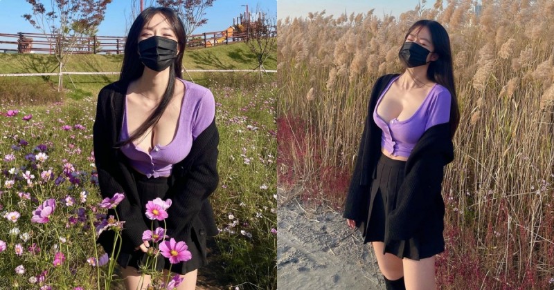 穿百褶裙賞花的「超爆乳正妹」，「不怕冷的低胸畫面」好惹火！