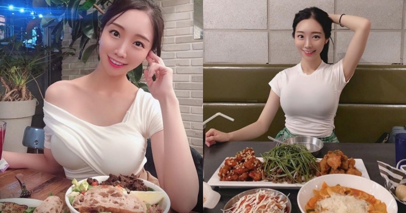 韓國大奶吃貨部落客「박유진」 緊身上衣大啖美食，讓人食指大動！