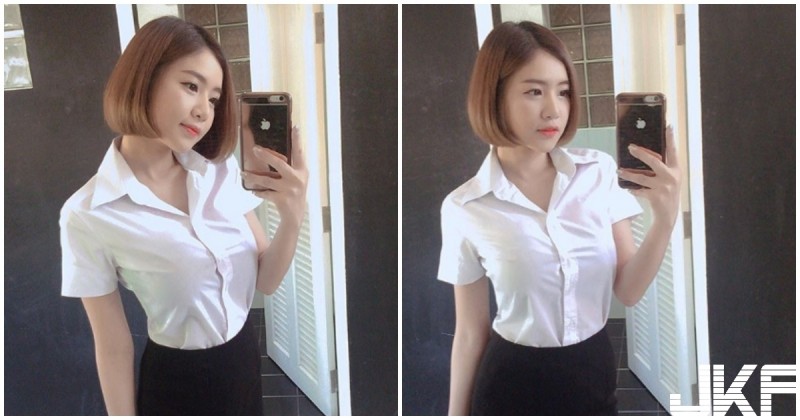 好兇暴！巨乳妹子把襯衫撐好滿，「緊繃畫面」辣到受不了…
